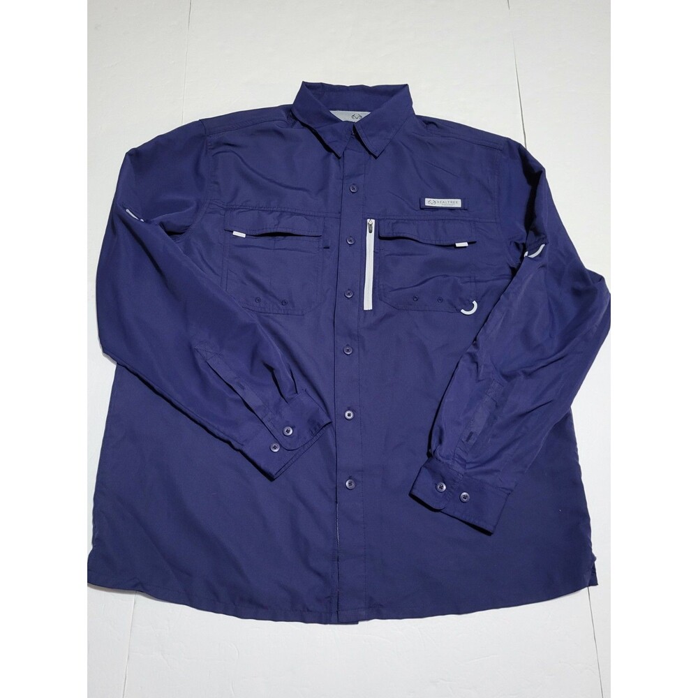 (#16)Realtree Long Sleeve Button  Up Fishing Shirt SZ Large Navy Blue Dry Vented